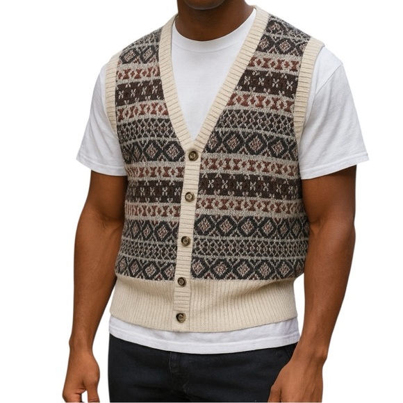 Retro 70s Jockey Raps Vintage Men's Fair Isle V Neck Button down layering vest - Picture 1 of 12
